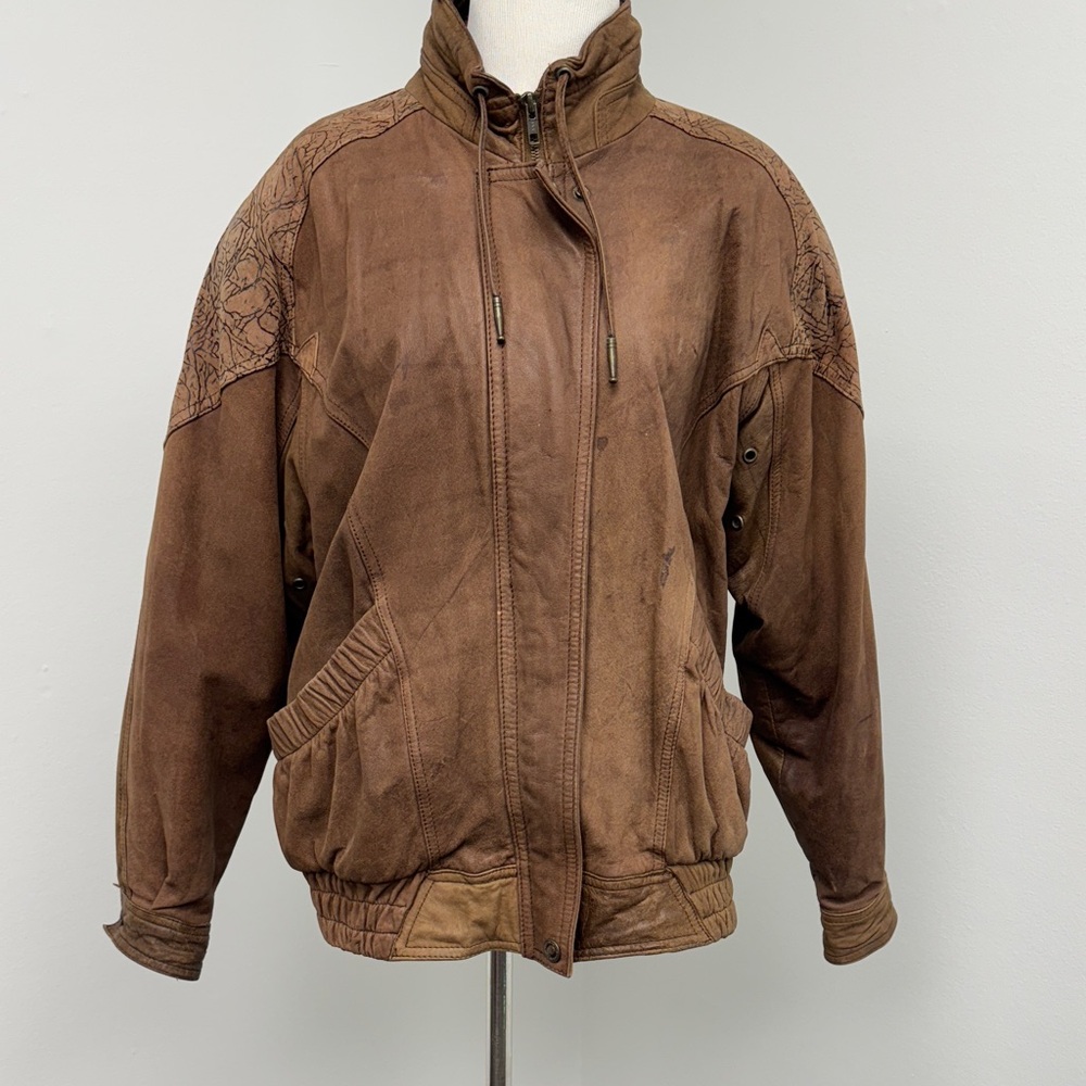 Brown Leather Bomber Jacket with Padded Shoulders vtg 92k
